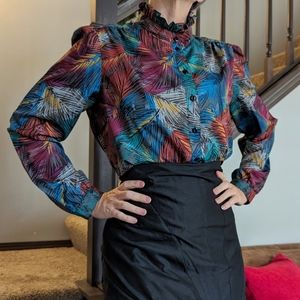 feather print 1980's VINTAGE BLOUSE pykettes M L